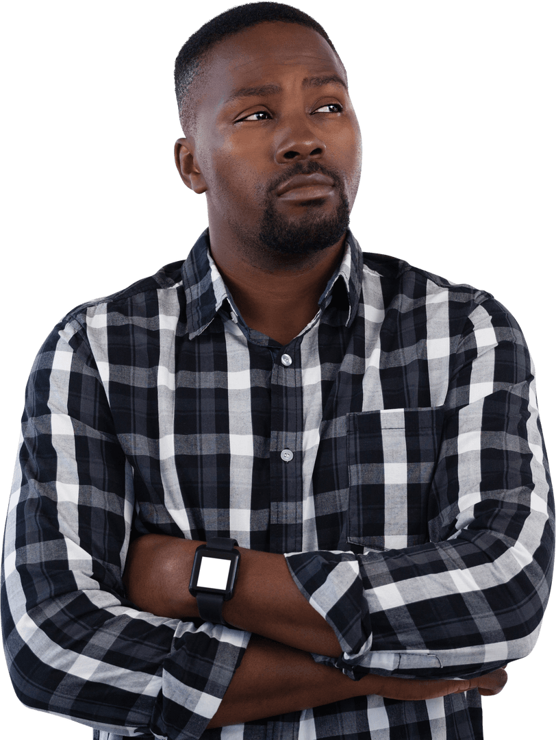 Pensive Man with Arms Crossed on Transparent Background