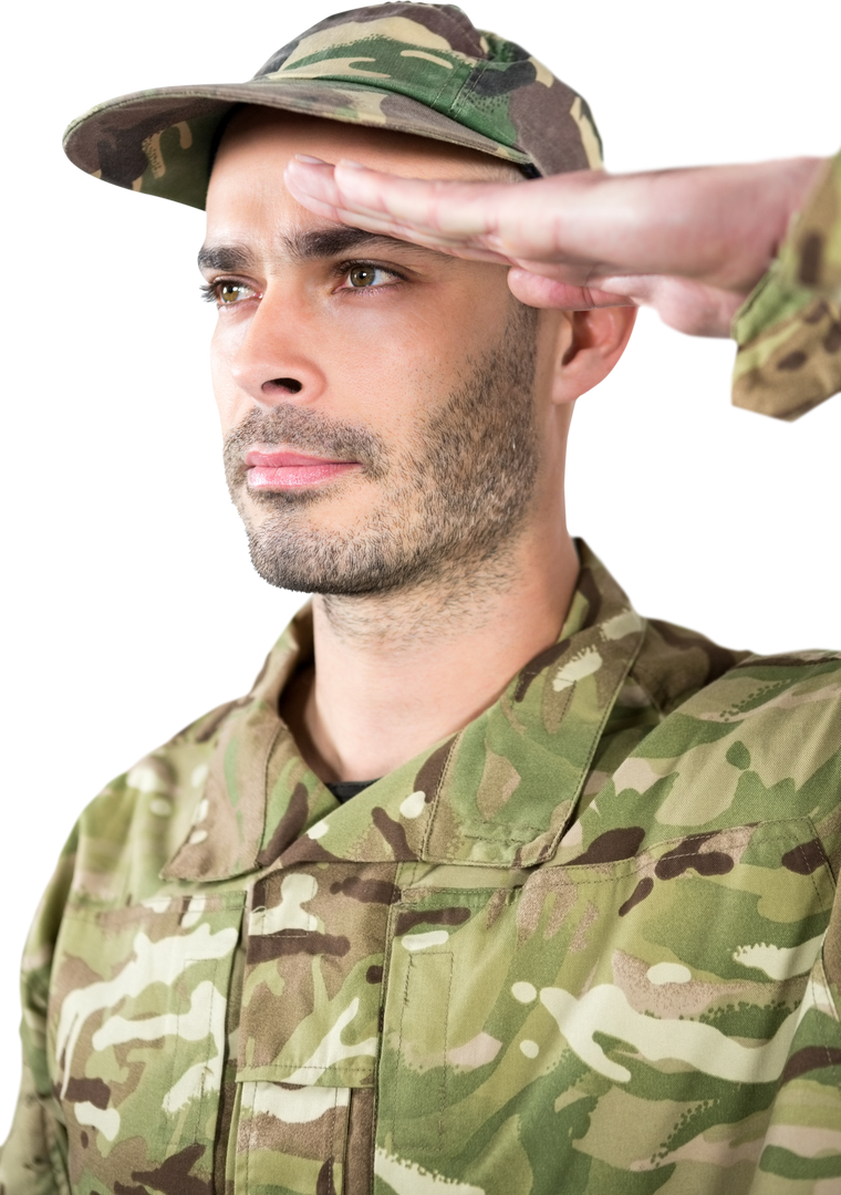 Serious Soldier Saluting in Camouflage Uniform on Transparent Background - Download Free Stock Images Pikwizard.com