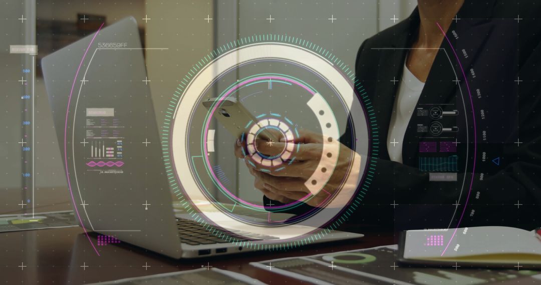 Businesswoman Accessing Digital Interface through Smartphone Technology