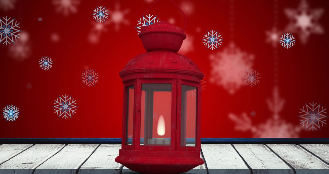 Red Christmas Lantern with Falling Snowflakes on Festive Background
