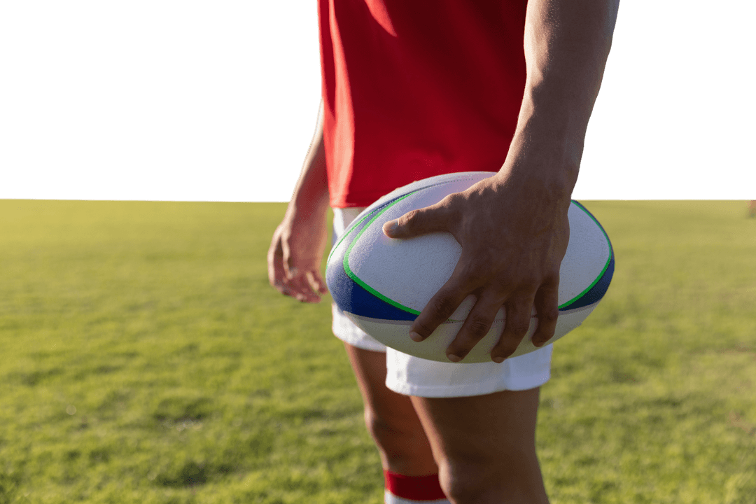 Transparent Close-up Rugby Player Holding Rugby Ball Field Background
