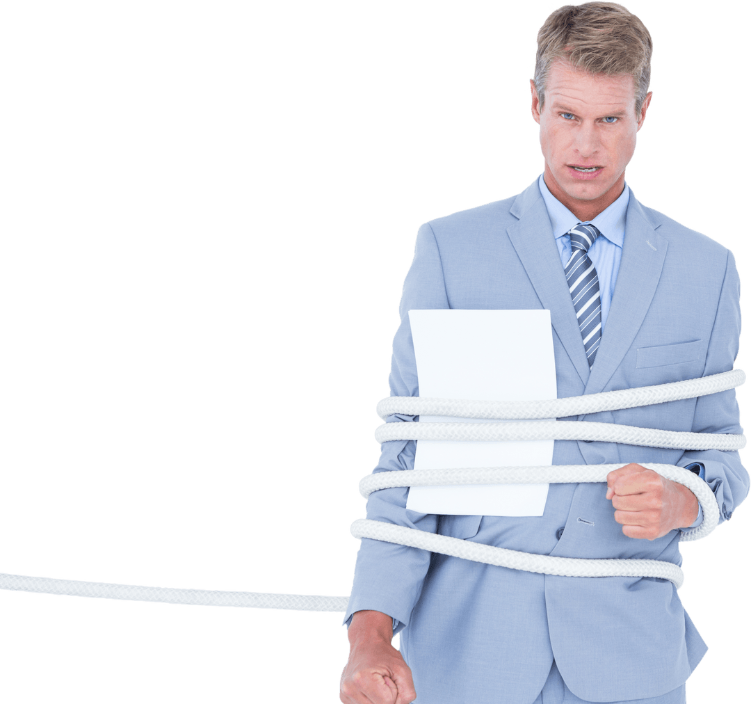 Transparent Businessman Tied with Rope Expressing Stress at Work