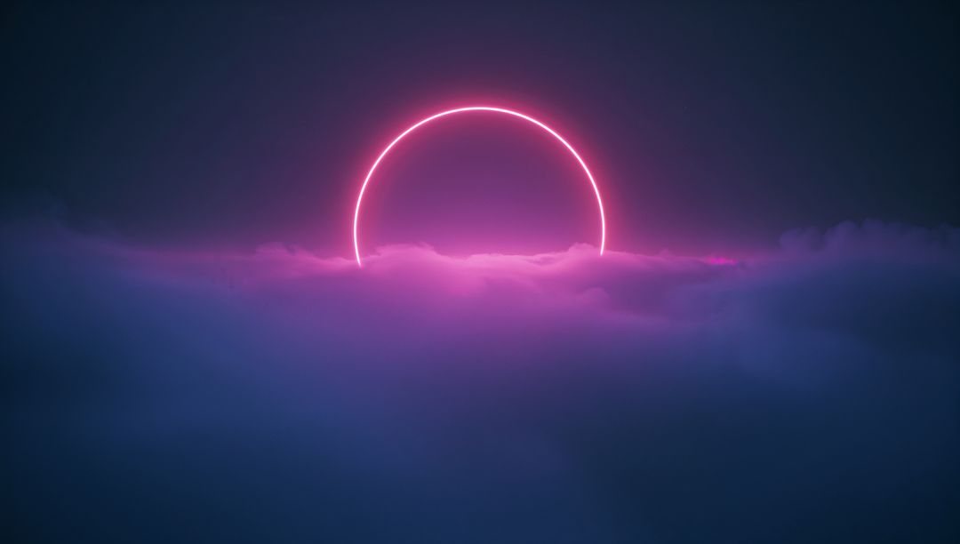 Futuristic Neon Ring Glowing Above Mystical Clouds