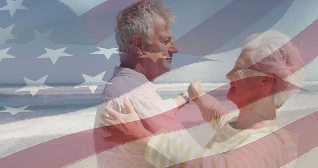 Senior Couple Dancing at Beach with USA Flag Overlay
