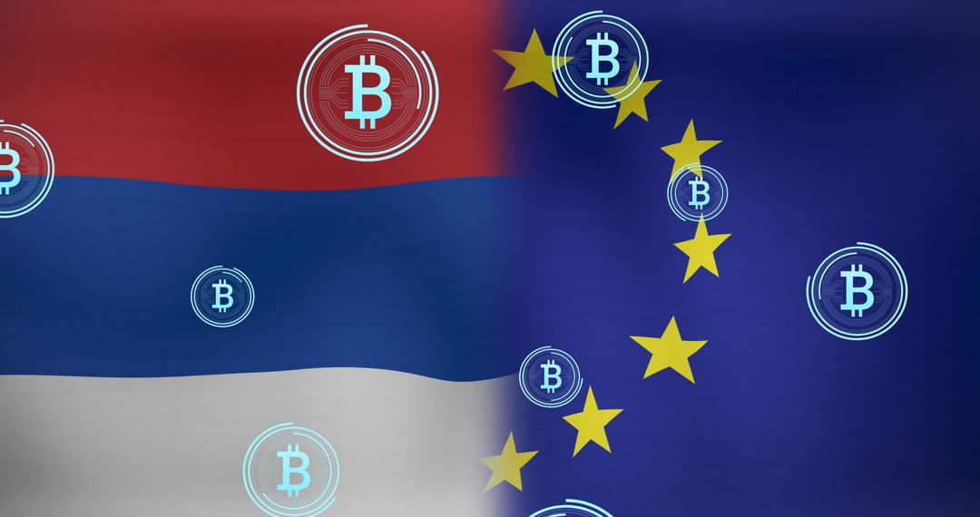 Bitcoin Symbols Overlaying Serbian and EU Flags Symbolizing Digital Economy
