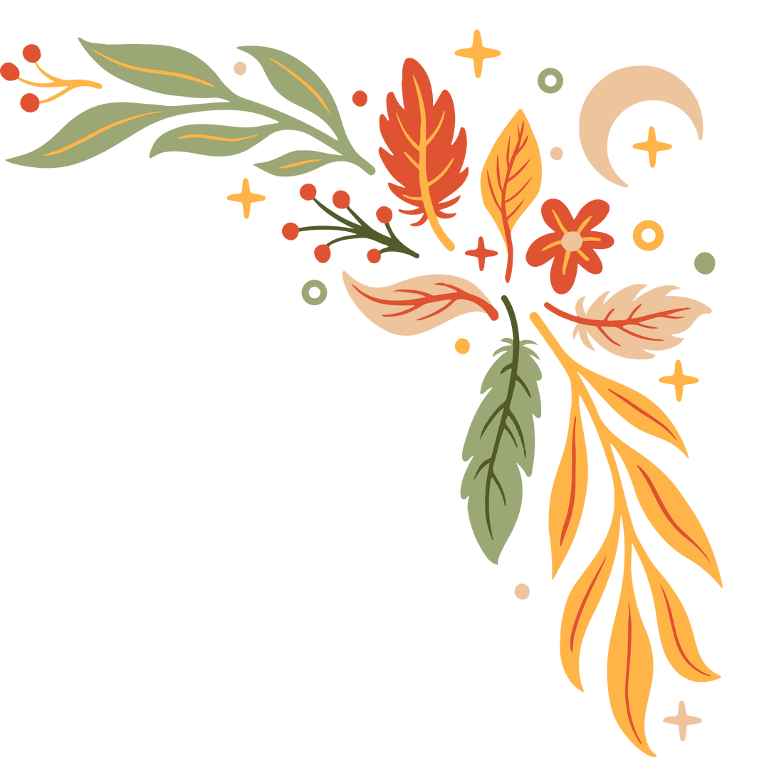 Autumn Botanical Ornaments with Leaves and Moon on Transparent Background