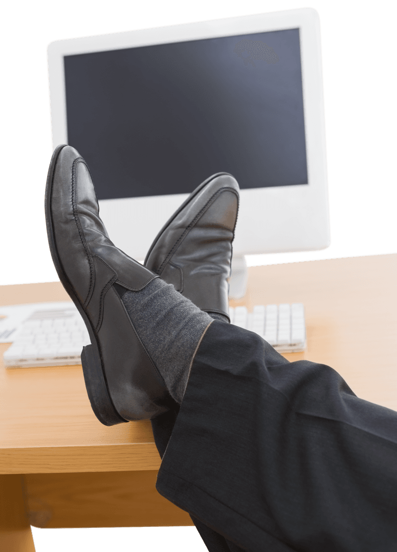 Casual Office Feet on Desk Against Transparent Screen