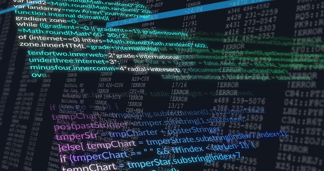 Neon code stream revealing error logs and data tables on futuristic terminal display