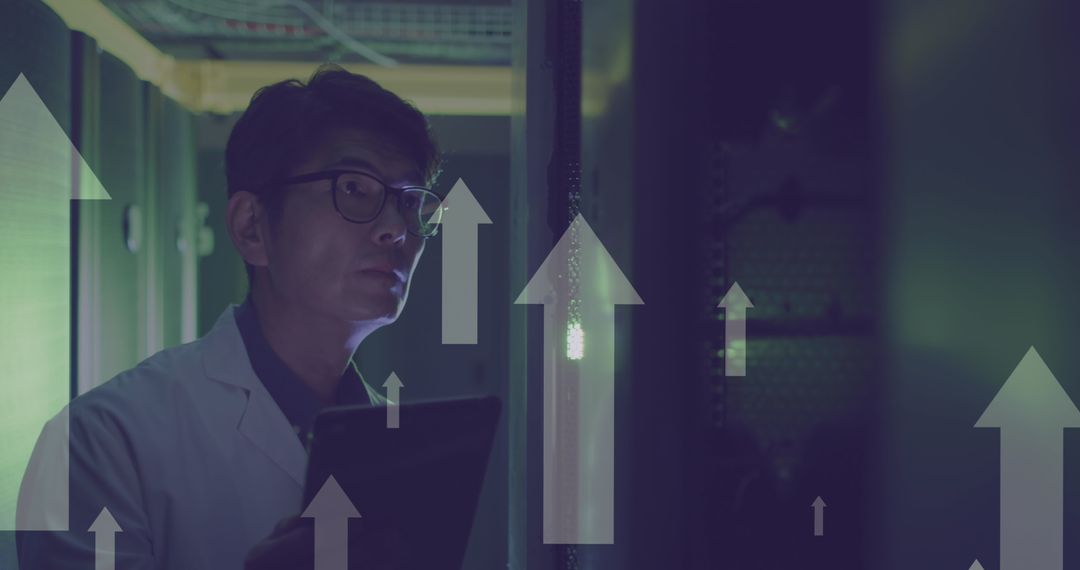 IT Engineer Examining Servers with Data Processing Arrows Overlay