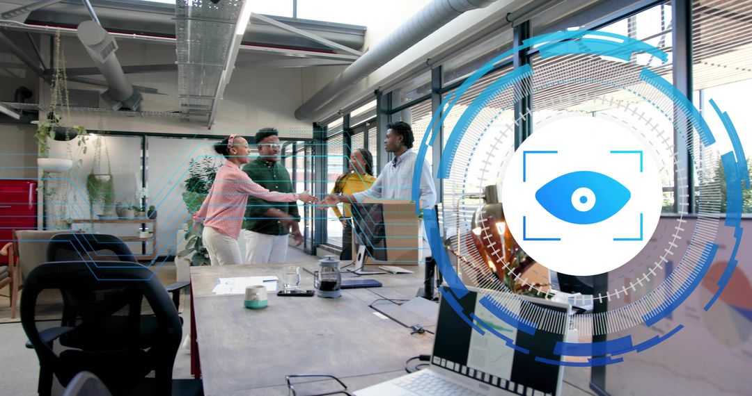 Diverse team shaking hands in modern open office with augmented reality HUD overlay