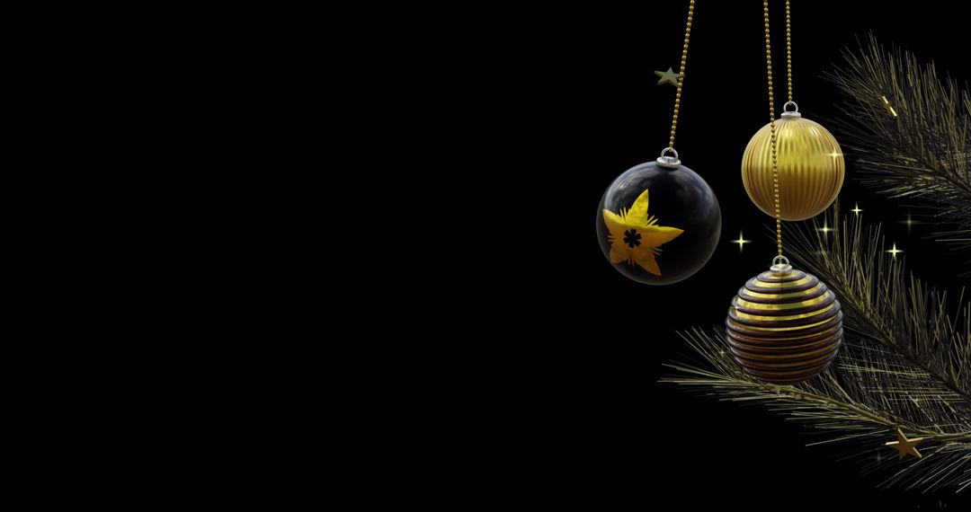 Elegant Black and Gold Christmas Baubles on Branch - Free Images, Stock Photos and Pictures on Pikwizard.com