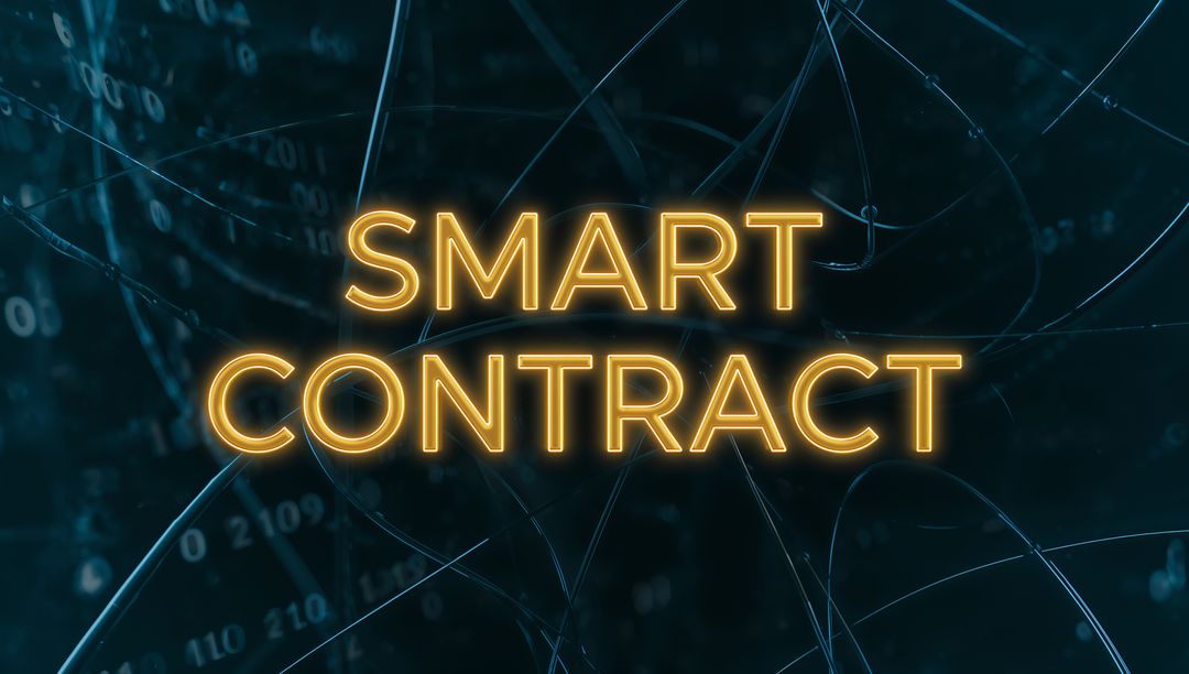 Glowing Neon SMART CONTRACT Text Hovering Over Futuristic Blockchain Network and Code