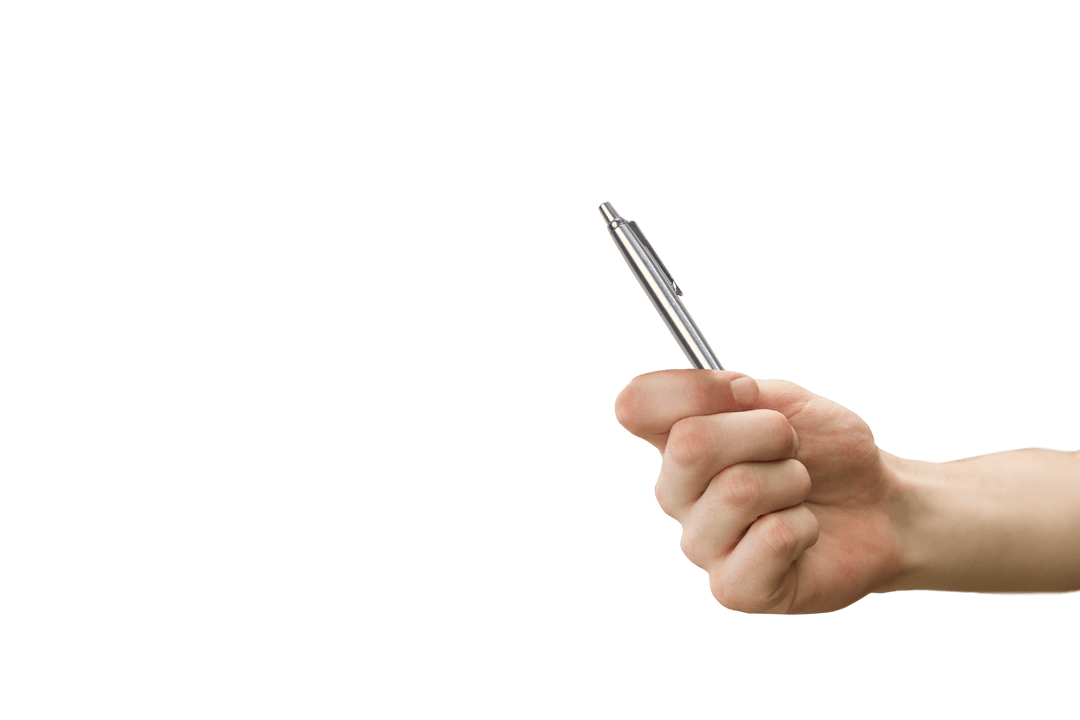 Hand Holding Silver Pen on Transparent Background