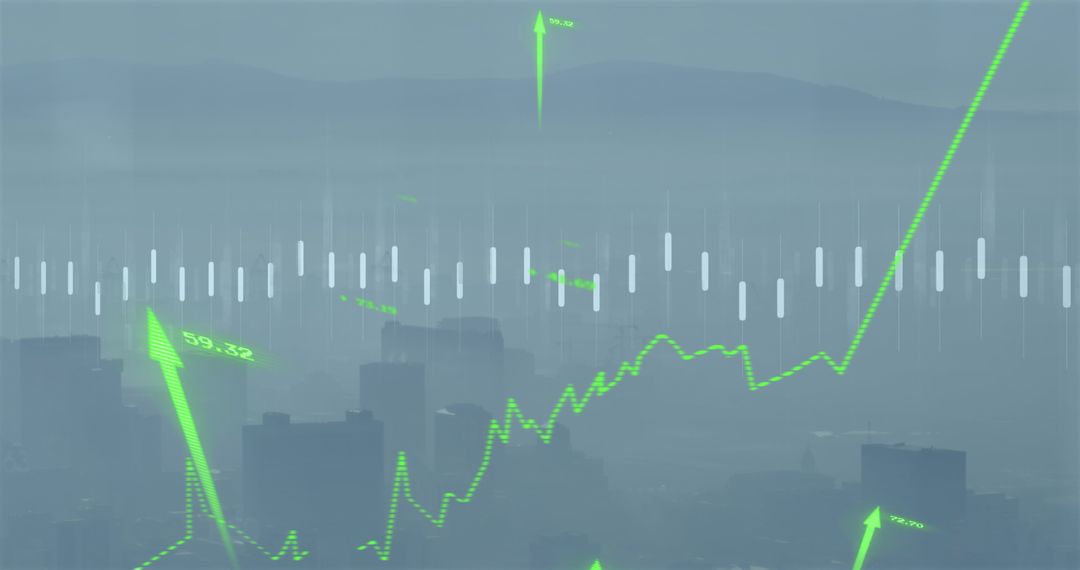 Green Bar Chart over Urban Skyline with Data Graph Overlay