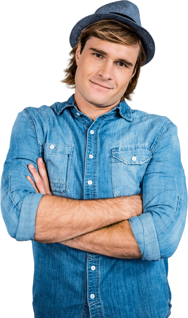 Smiling Hipster in Denim Shirt Transparent Background