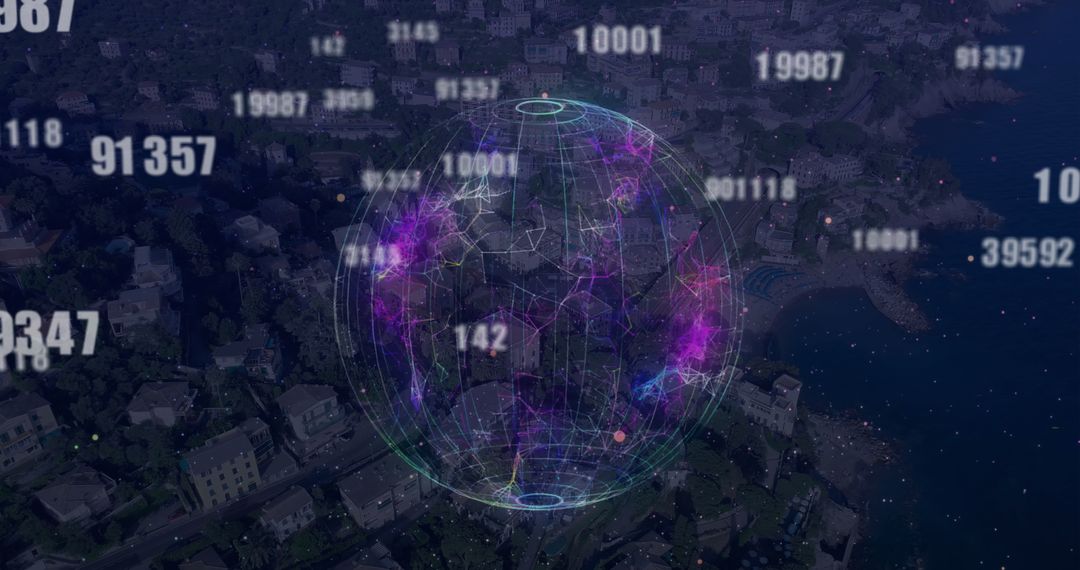 Digital Data Networks with Globe Overlay on Urban Landscape