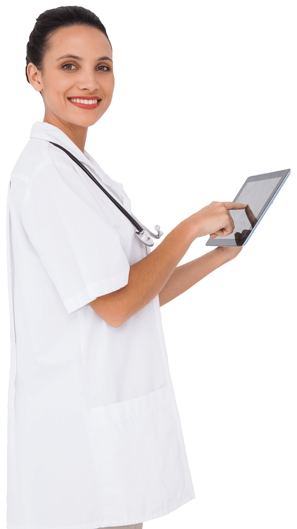 Transparent Female Nurse Smiling While Using Digital Tablet