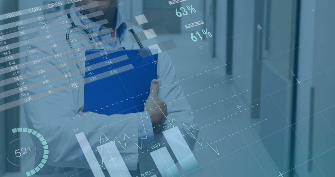Doctor in Hospital Hallway with Analysis and Data Diagrams