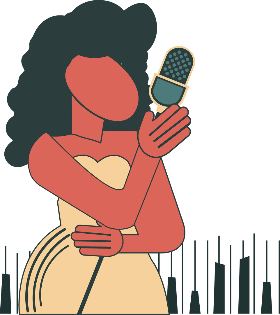 Stylized Female Singer with Retro Microphone on Transparent Background
