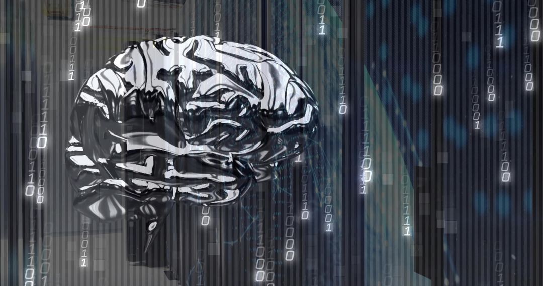 Futuristic Metallic Brain with Binary Code in Virtual Reality