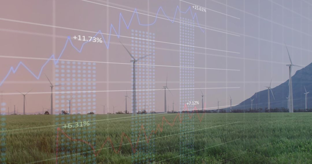 Wind Turbines Spinning in Green Field with Financial Graph Overlay