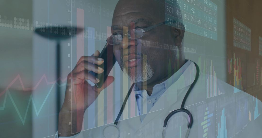 Senior Doctor Using Smartphone with Data Overlays in Modern office