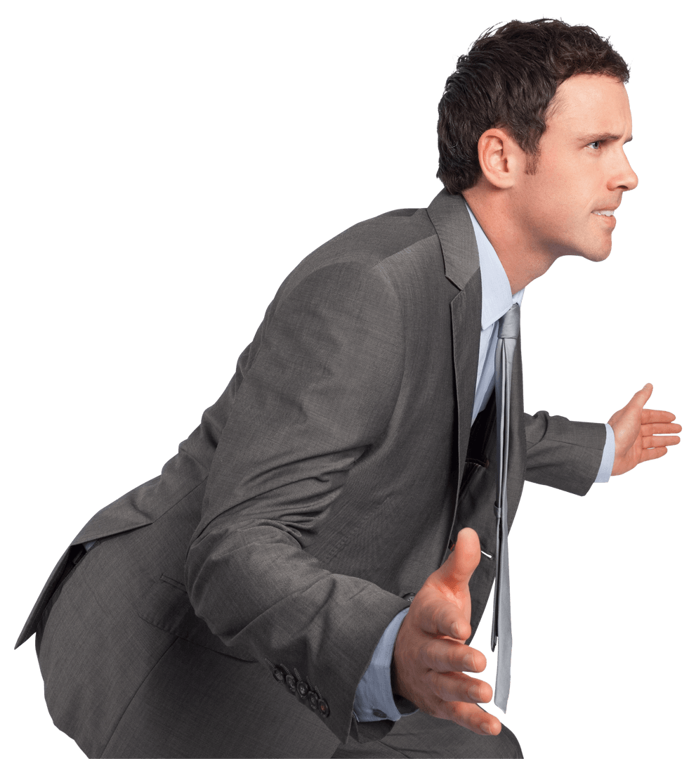 Transparent Businessman Leaning with Hands Expressive Gesture