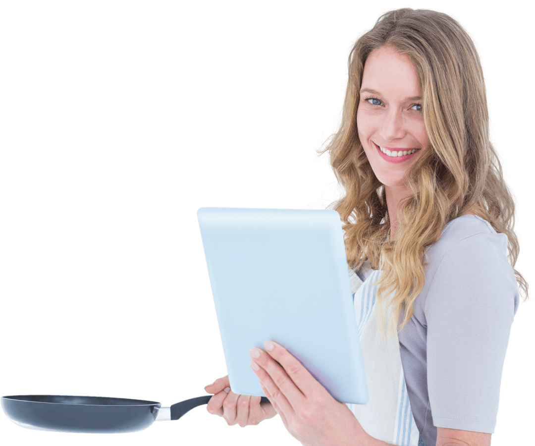 Smiling Woman Holding Frying Pan and Tablet Transparent Background