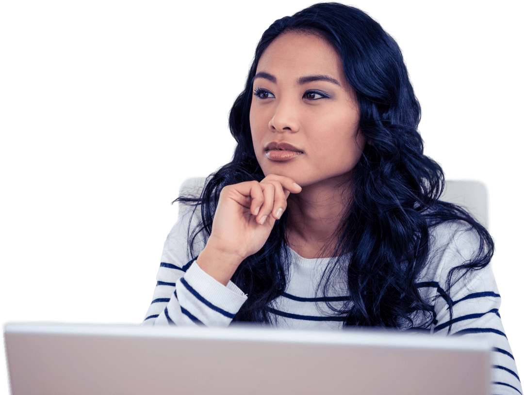 Transparent Thoughtful Asian Woman at Work Contemplating