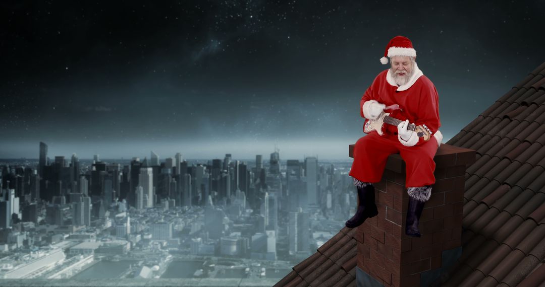 Santa Playing Guitar on Rooftop at Night Overlooking Cityscape - Free Images, Stock Photos and Pictures on Pikwizard.com