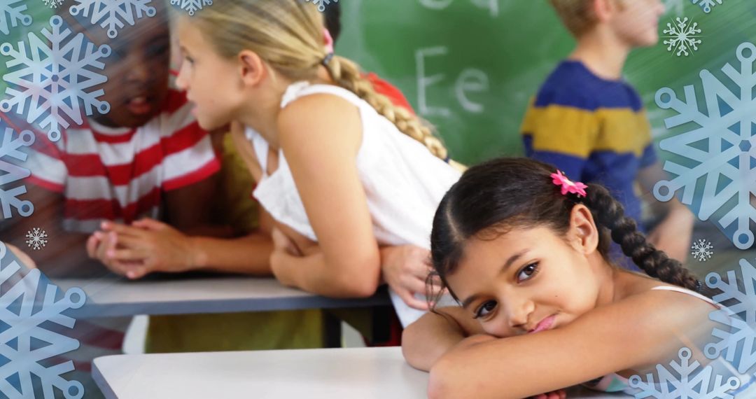 Girl Resting on Classroom Desk Surrounded by Snowflakes, Symbolizing Winter Learning
