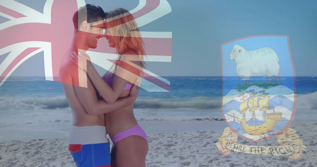 Embracing Couple on Beach with Falklands and Union Jack Overlay