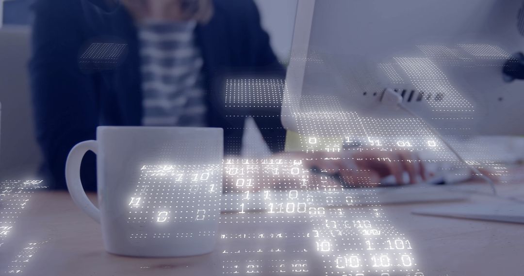 Business Professional Typing at Desk with Technology Overlay