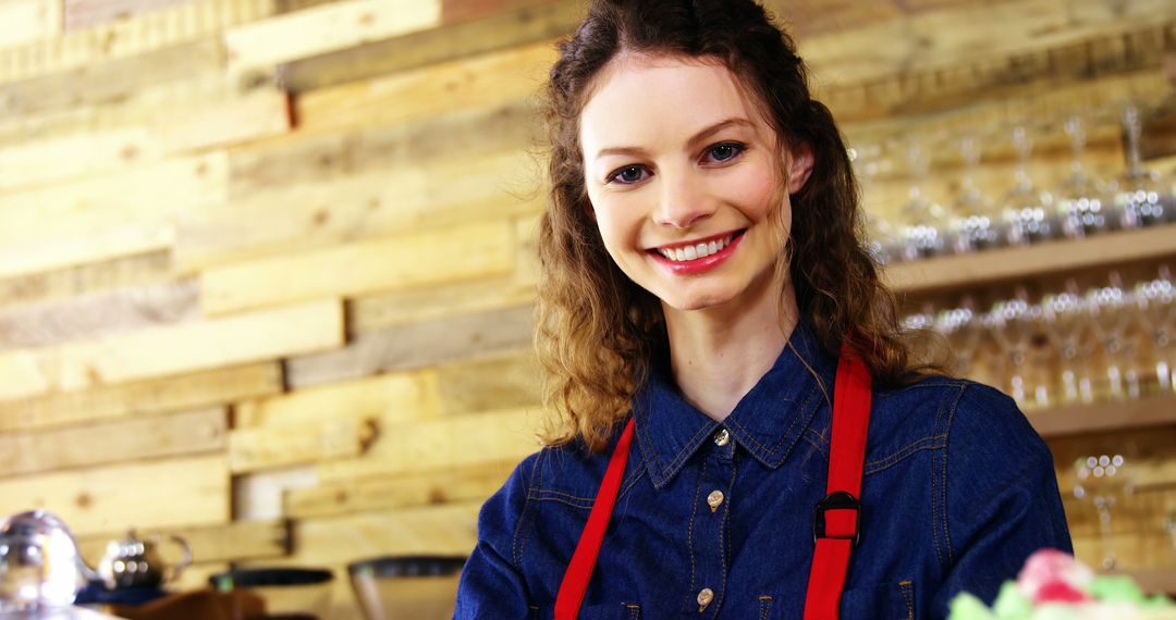 Smiling Female Barista Wearing Red Apron in Rustic Cafe - Free Images, Stock Photos and Pictures on Pikwizard.com