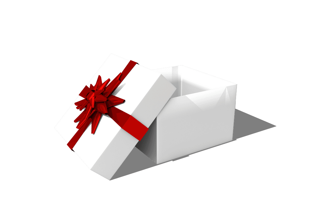 White Box with Red Ribbon and Bow on Transparent Background