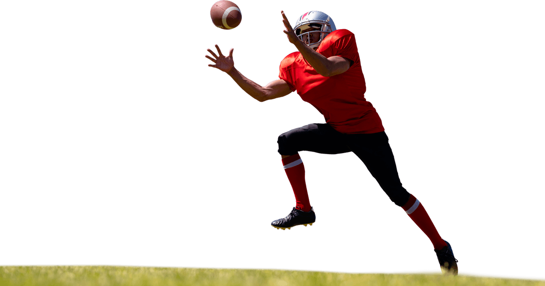 Transparent Football Player Catching Ball Mid-Jump