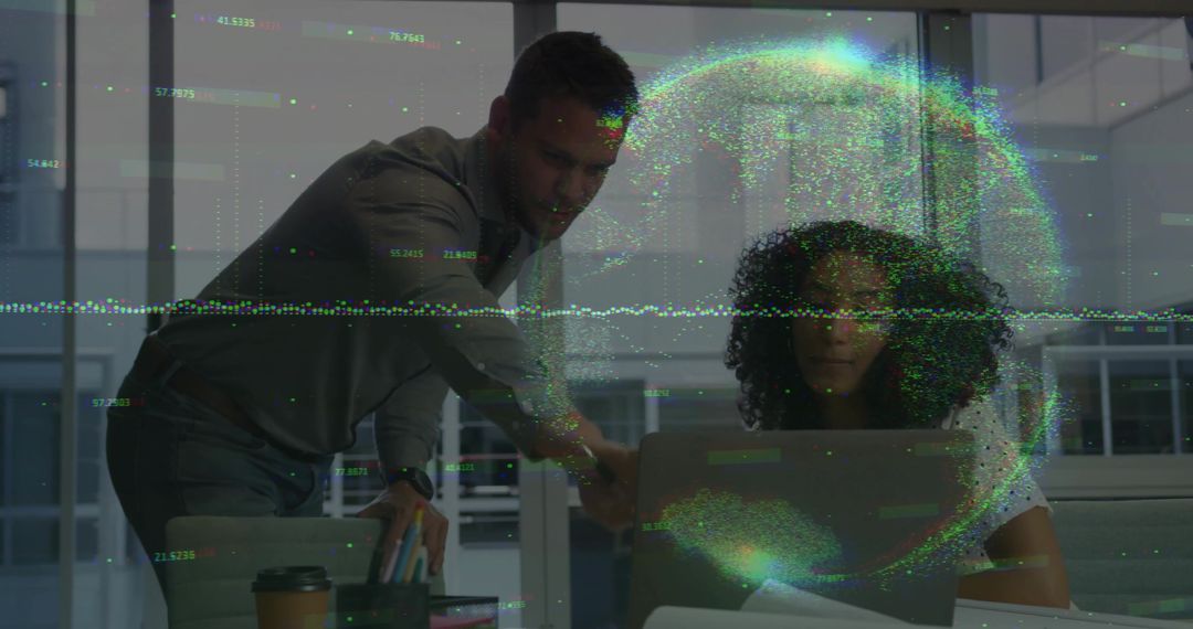 Professionals Collaborating with Digital Data in Modern Office