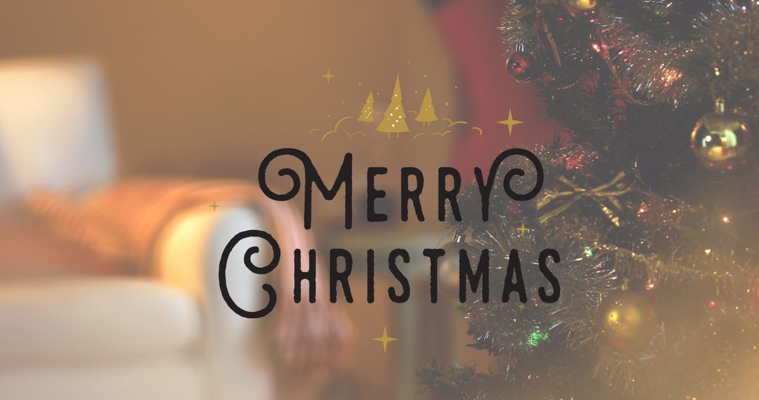 Merry Christmas Text Overlay on Decorated Tree
