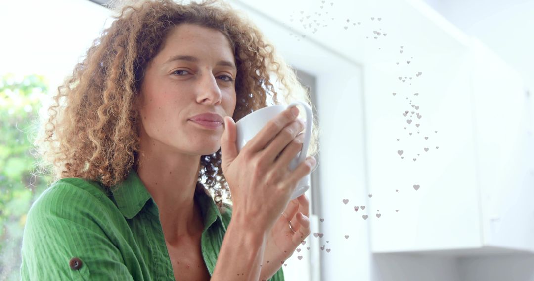 Relaxed Woman Enjoying Coffee with Floating Hearts at Home