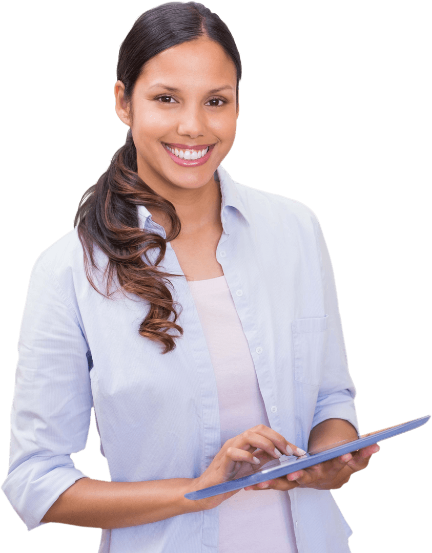 Transparent Smiling Biracial Businesswoman Using Tablet