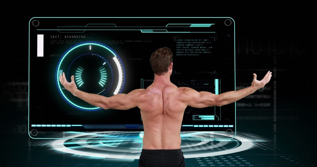 Muscular Man Engaging with Futuristic Digital Interface