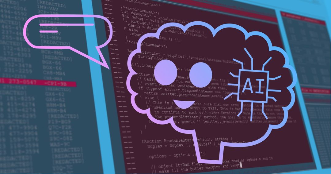 AI Brain Icon with Speech Bubble on Data Code Background
