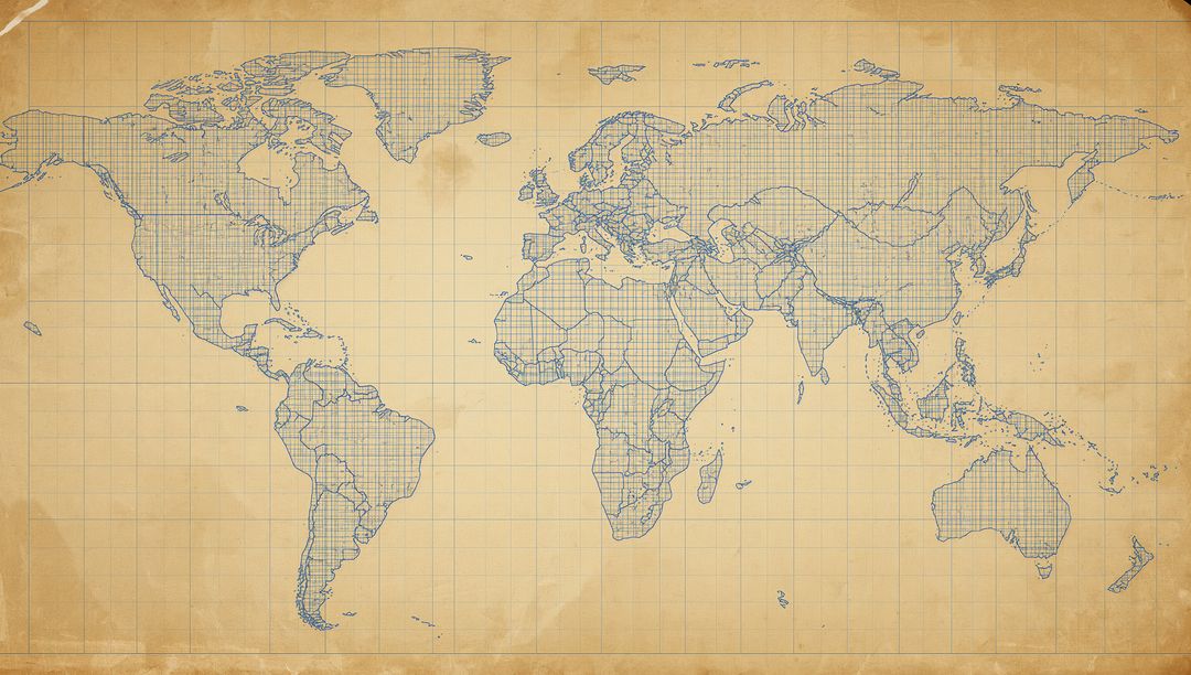 Vintage Blue Grid World Map on Parchment Showing Continent Details