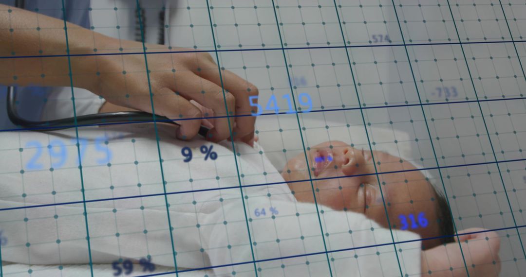 Nurse placing stethoscope on newborn with digital monitoring grid overlay
