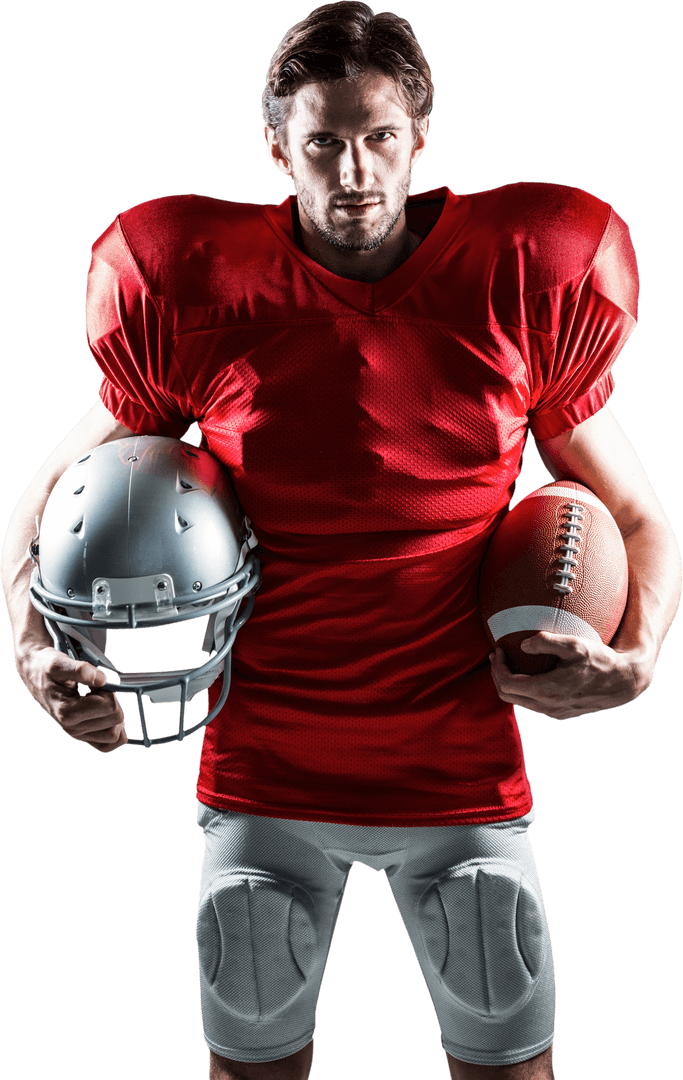 Transparent football player holding helmet intense expression