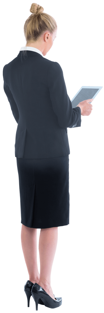 Blonde Businesswoman Engaging with Transparent Tablet Technology