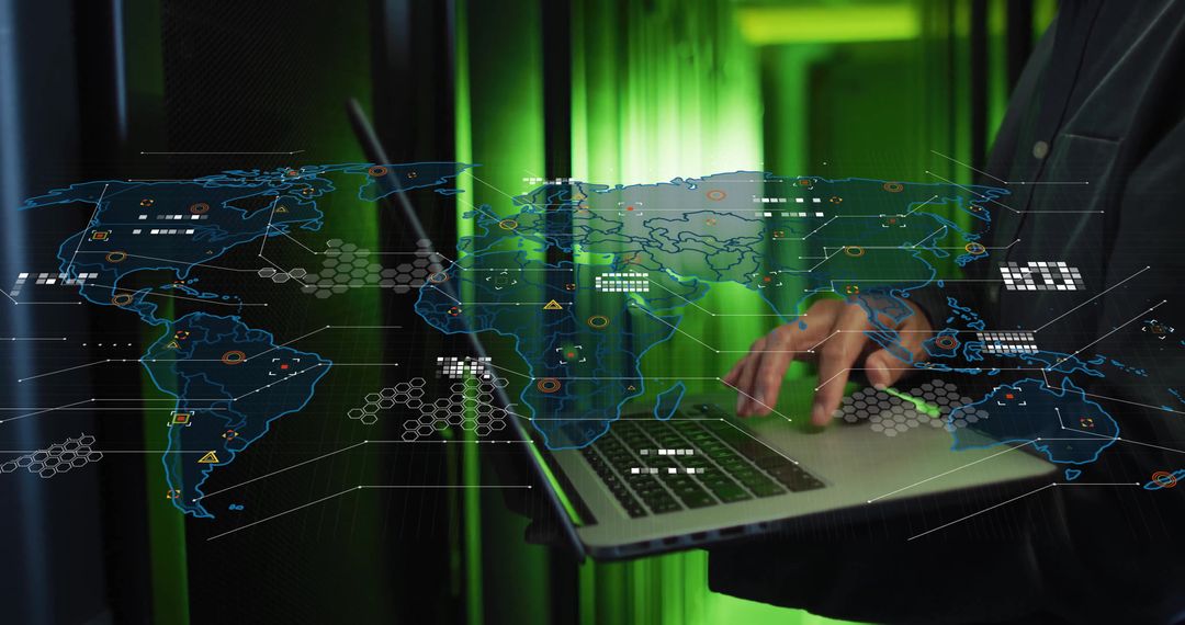 IT Engineer Analyzing Global Data in Server Room