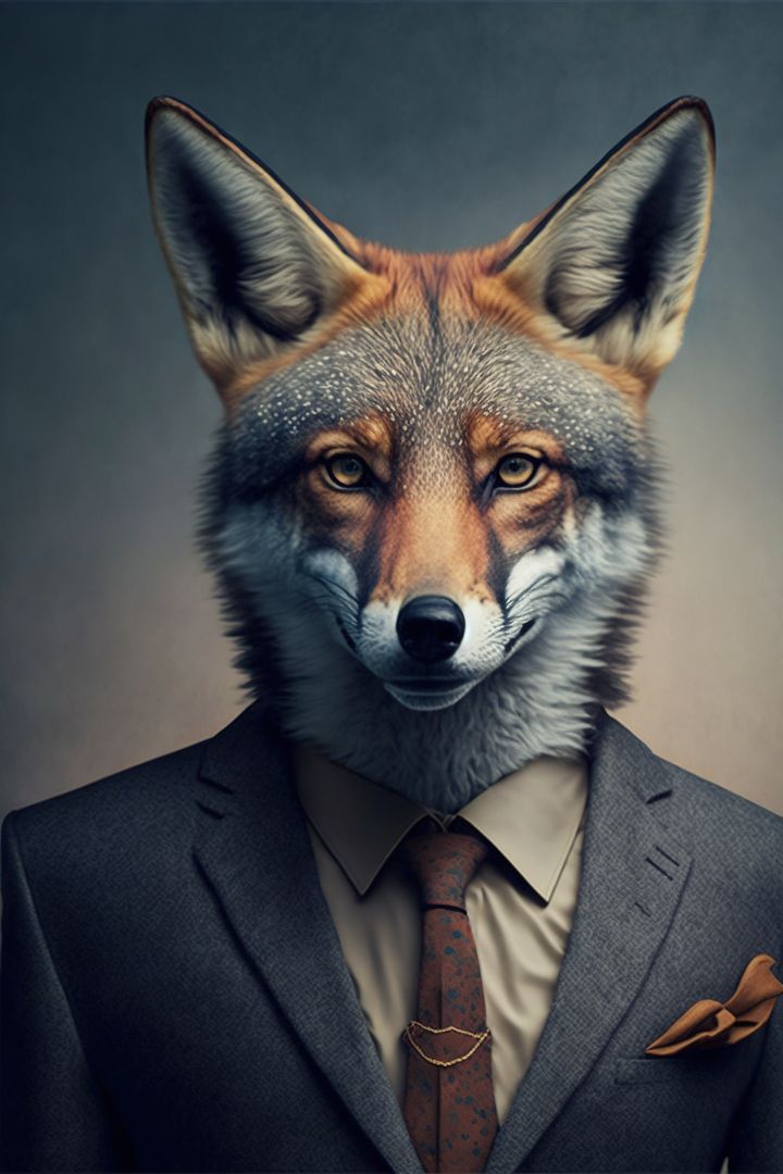 Anthropomorphic Fox Dressed in Business Suit Standing Against Grey Background - Free Images, Stock Photos and Pictures on Pikwizard.com