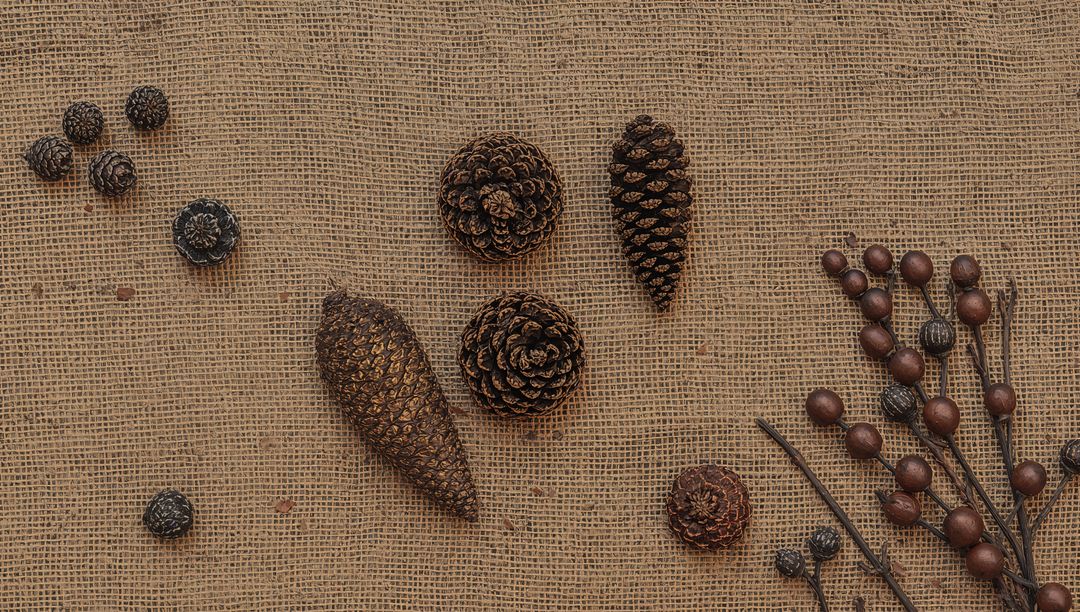 Rustic burlap flatlay with dried botanical elements pine cones seed pods and branches