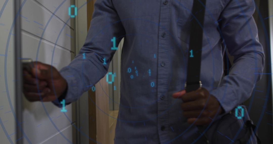 Business Professional Unlocking Door with Key Card in Digital Environment